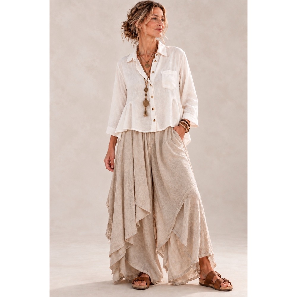 Holding Horses Anthropologie White 100% Linen Peplum Shirt S Cottagecore Boho